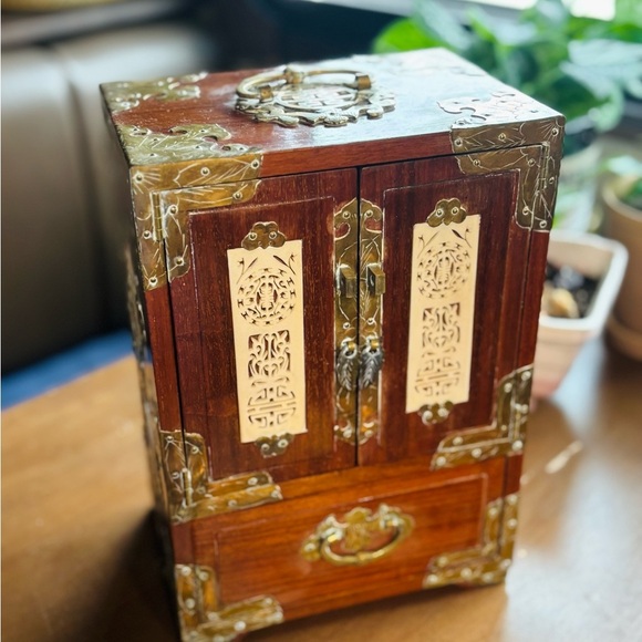 Ornate Wooden Jewelry Box with Brass Details - Picture 2 of 7